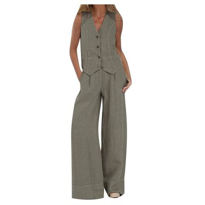FQFGGYD 2 Piece Sets for Women Summer Cotton Linen Pants Sets Women 2 Piece Outfits Vest Pants Collage Patchwork Casual Suit Green