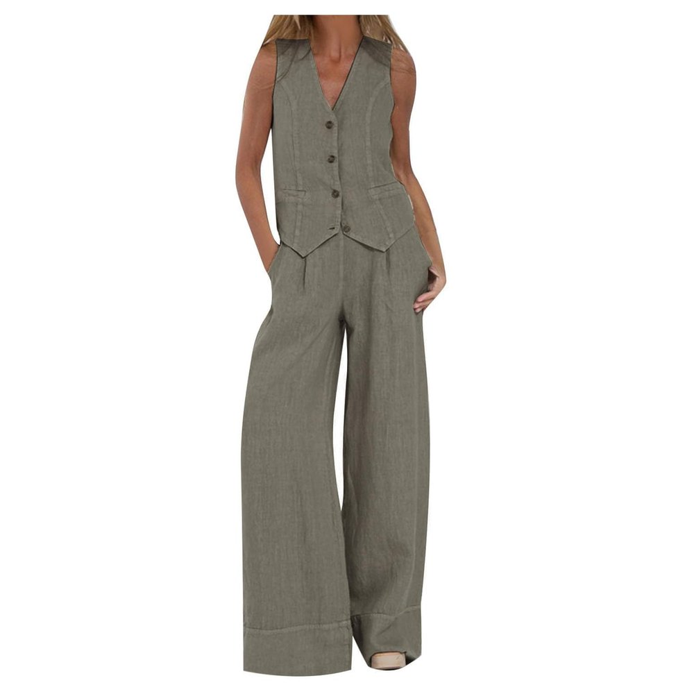 FQFGGYD 2 Piece Sets for Women Summer Cotton Linen Pants Sets Women 2 Piece Outfits Vest Pants Collage Patchwork Casual Suit Green