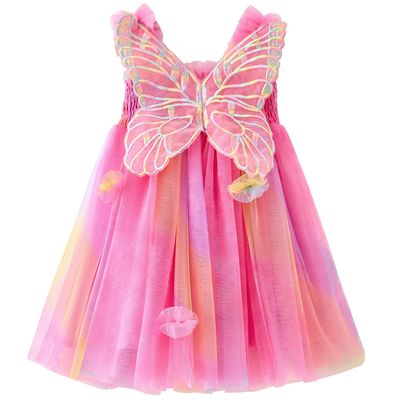 AGQT Baby Girls Tulle Tutu Dress Sleeveless Toddler Butterfly 3D Flower Print Back Girls Dresses Birthday Holiday Wedding Layered Lace Dress Rainbow Red Size 12-18M