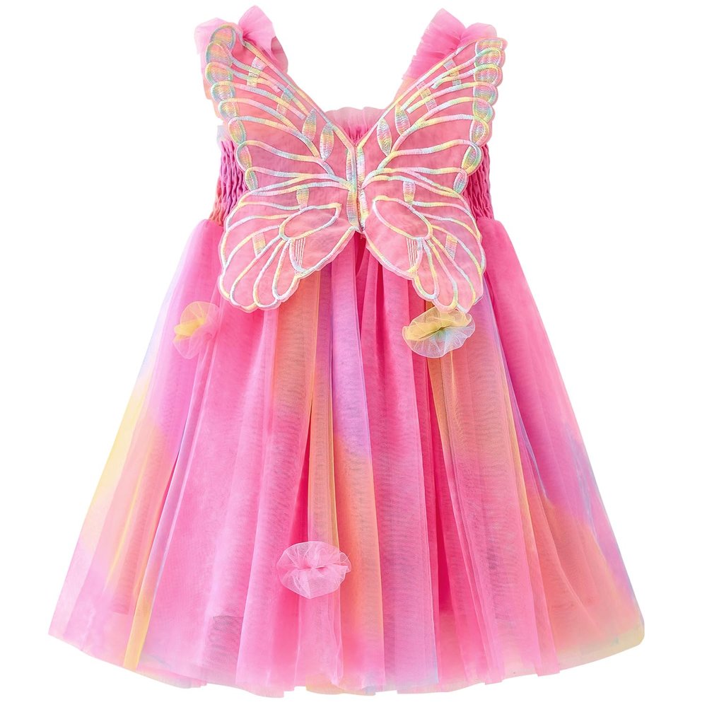 AGQT Baby Girls Tulle Tutu Dress Sleeveless Toddler Butterfly 3D Flower Print Back Girls Dresses Birthday Holiday Wedding Layered Lace Dress Rainbow Red Size 12-18M