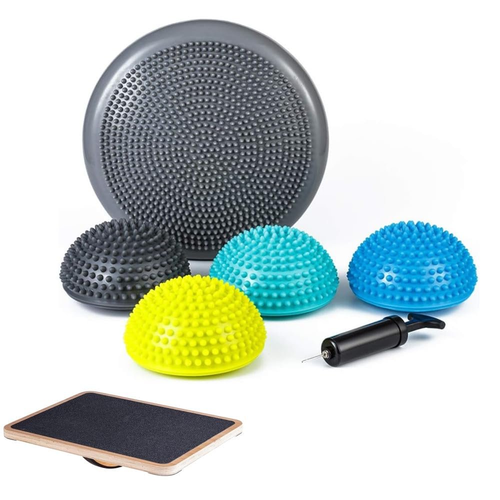StrongTek Balance Training Set  Wooden Rocker Balance Board + Balance Pods & Wobble Cushion Kit for Core Strength, Rehab & Stability