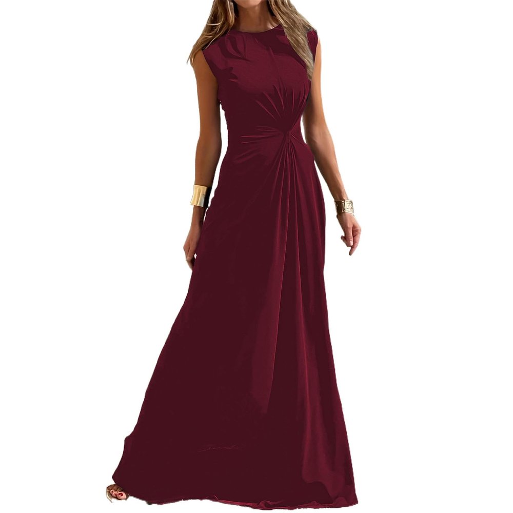 QXQYGRZ Womens Empire Waist Bridesmaid Prom Dress Long Cocktail Dresses Sleeveless Flowy Evening Gown Maxi Dress Wine Red