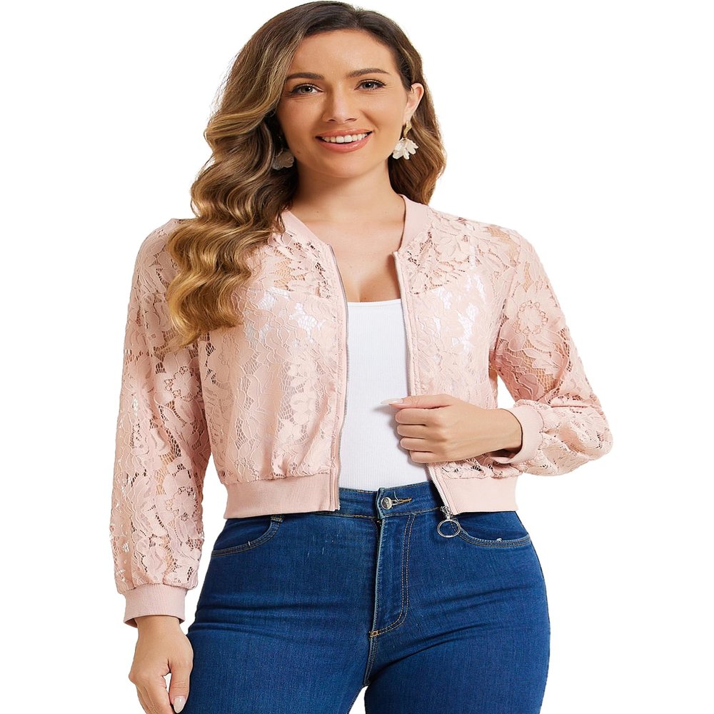 Allegra K Lace Jackets for Women's Stand Collar Zip Up Lightweight Gothic Sheer Baseball Jacket X-Large Pink