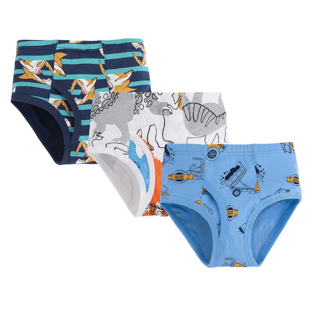 NineFit Basics 3 Pack Cotton Boys Briefs Soft Dinosaur Truck Toddler Underwear Little Boys Underwear Cute Print (Blue, 3-4 Years)