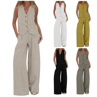FQFGGYD 2 Piece Sets for Women Summer Cotton Linen Pants Sets Women 2 Piece Outfits Vest Pants Collage Patchwork Casual Suit Beige