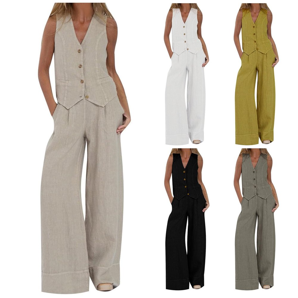 FQFGGYD 2 Piece Sets for Women Summer Cotton Linen Pants Sets Women 2 Piece Outfits Vest Pants Collage Patchwork Casual Suit Beige