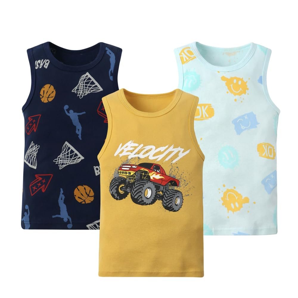 AQEACARMON Baby Boys' Tank Tops Car Dinosaur 3 Pack TanksCar/Blue/Yellow 7Years