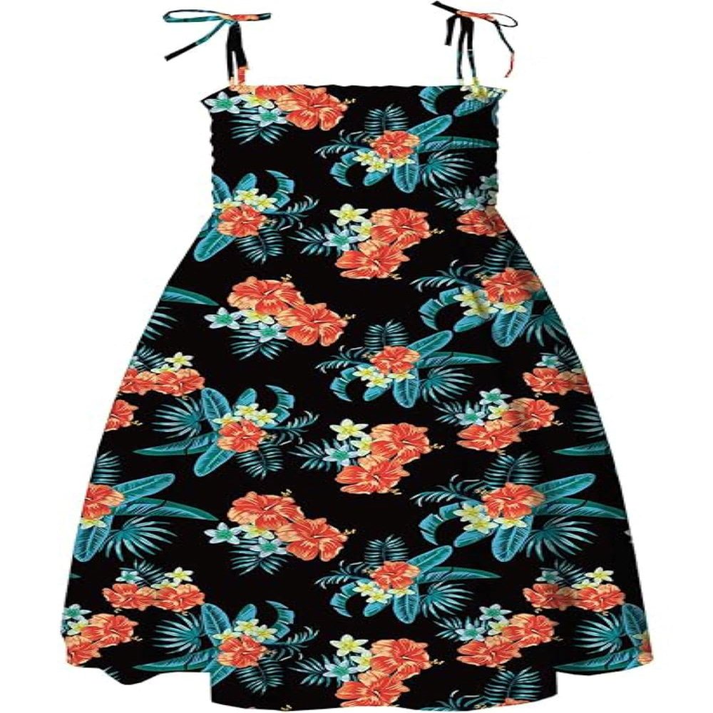 SANGTREE Girl's Hawaiian Mermaid Print Spaghetti Strap Sun Dress Summer Beach Swing Dresses, Floral-Black, US XL