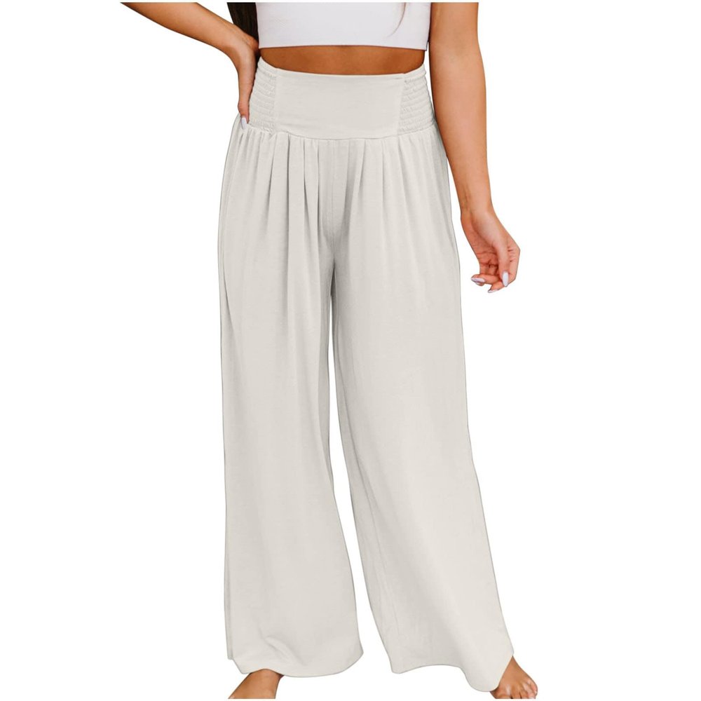 QXQYGRZ Women High Waist Palazzo Pants Summer Wide Leg Casual Lounge Pant Flowy Lightweight Beach Pant Outfits Trousers White