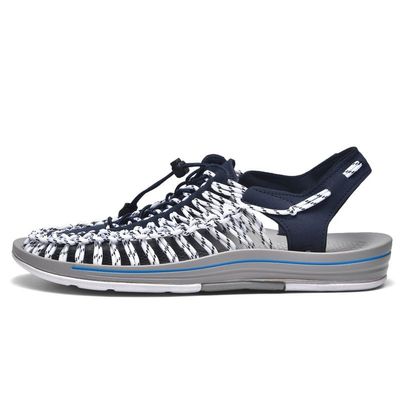 Hhhchpm Men's Wrap Toes Breathable Flat Sandals, Outdoor Beach Slip On Casual Woven Sandals (Blue,8.5)