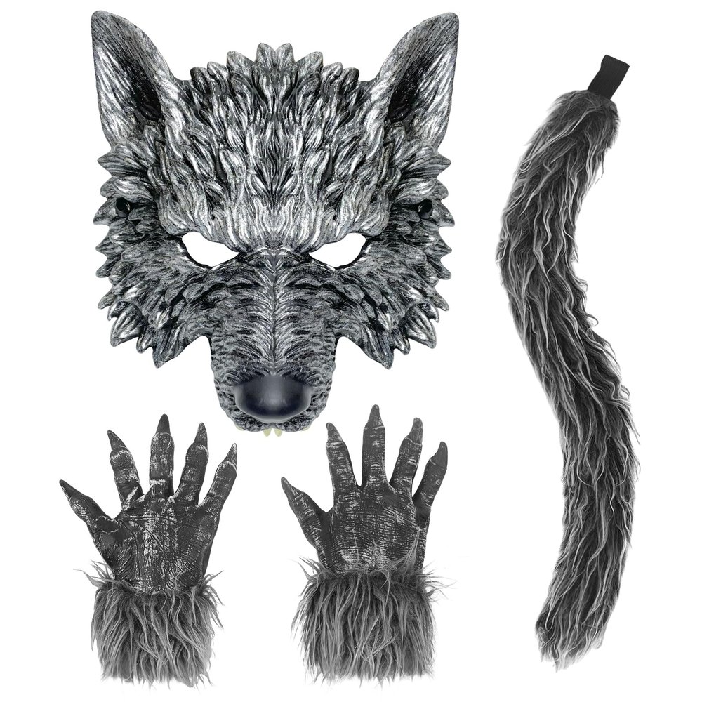 HyperFun Werewolf Costume Halloween Wolf Mask Gloves and Tails Set, Realistic Wolf Costume Cosplay Accessories Kit