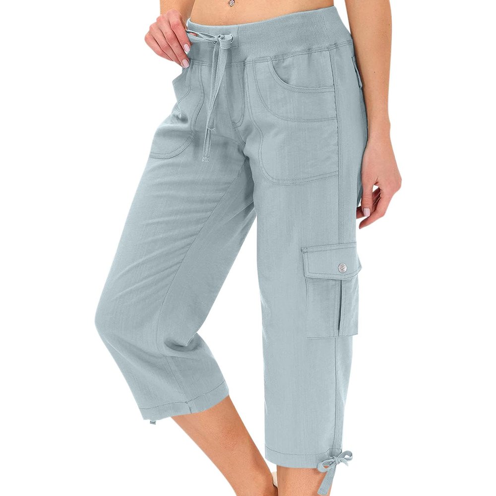 Cargo Capris for Women Casual Drawstring Capris Pants with Pockets Plus Size Quick Dry Hiking Pants Summer Elastic Waist Wide Leg Cropped Pants Baggy Cargo Pants Outdoor Travel Pants for Camping Golf
