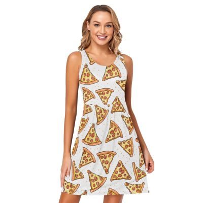 ALAZA Pizza on White Cartoon Women Summer Dresses Casual Sleeveless Sundress with Pockets Tank Dress M