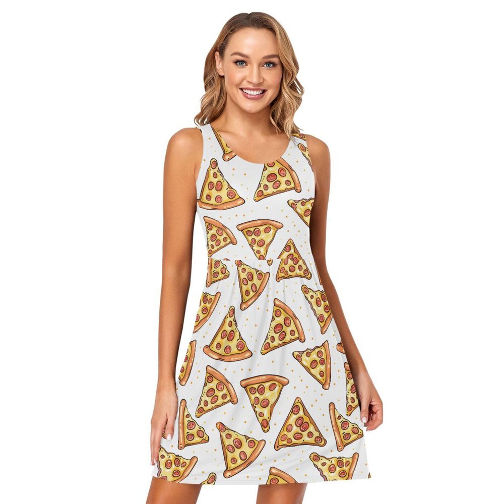 ALAZA Pizza on White Cartoon Women Summer Dresses Casual Sleeveless Sundress with Pockets Tank Dress M