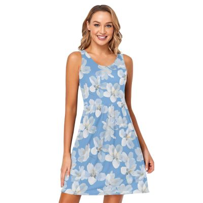 ALAZA Flower White Blue Women Summer Dresses Casual Sleeveless Sundress with Pockets Tank Dress L