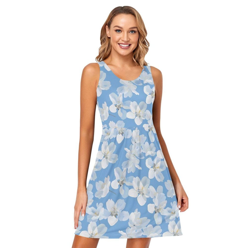 ALAZA Flower White Blue Women Summer Dresses Casual Sleeveless Sundress with Pockets Tank Dress L