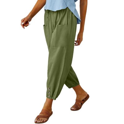 Cotton Casual Capri for Women Elastic High Waisted Loose Lantern Tapered Harem Pants with Pockets Light Green