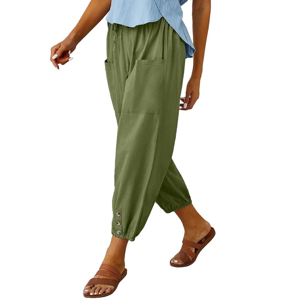 Cotton Casual Capri for Women Elastic High Waisted Loose Lantern Tapered Harem Pants with Pockets Light Green