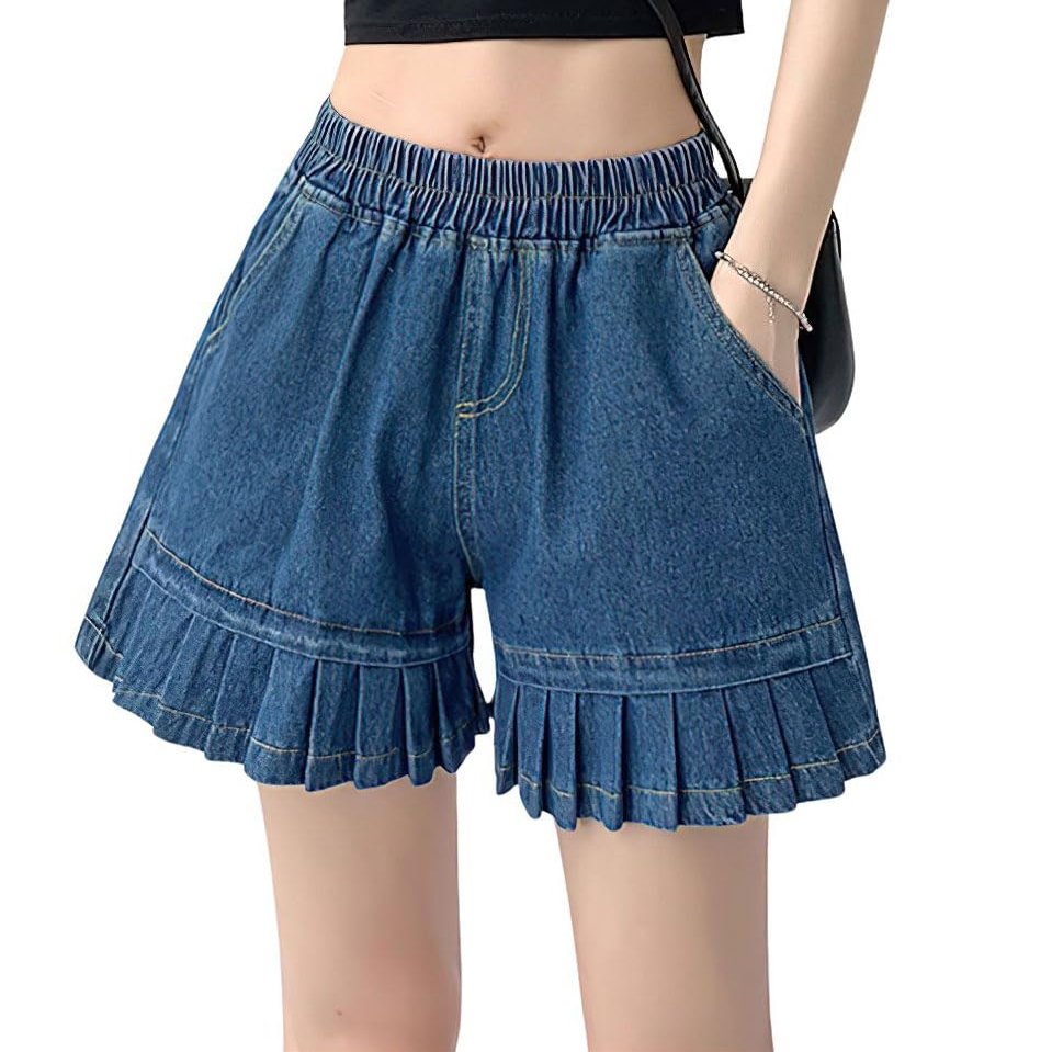 chouyatou Women's Pleated Hem Jean Shorts High Elastic Waisted Flare Wide Leg Denim Shorts with Pockets (Small, Dark Blue)
