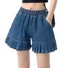 chouyatou Women's Pleated Hem Jean Shorts High Elastic Waisted Flare Wide Leg Denim Shorts with Pockets (Small, Dark Blue) view 1