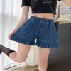 chouyatou Women's Pleated Hem Jean Shorts High Elastic Waisted Flare Wide Leg Denim Shorts with Pockets (Small, Dark Blue) view 3