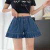 chouyatou Women's Pleated Hem Jean Shorts High Elastic Waisted Flare Wide Leg Denim Shorts with Pockets (Small, Dark Blue) view 4