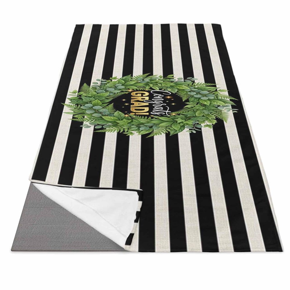 Futuregrace Yoga Towel with Corner Pockets Graduation Season Green Leaves Garland Black White Stripes Sweat Absorbent Lightweight Soft Yoga Blanket 26"x70" Hot Yoga Towels for Gym Fitness Workout