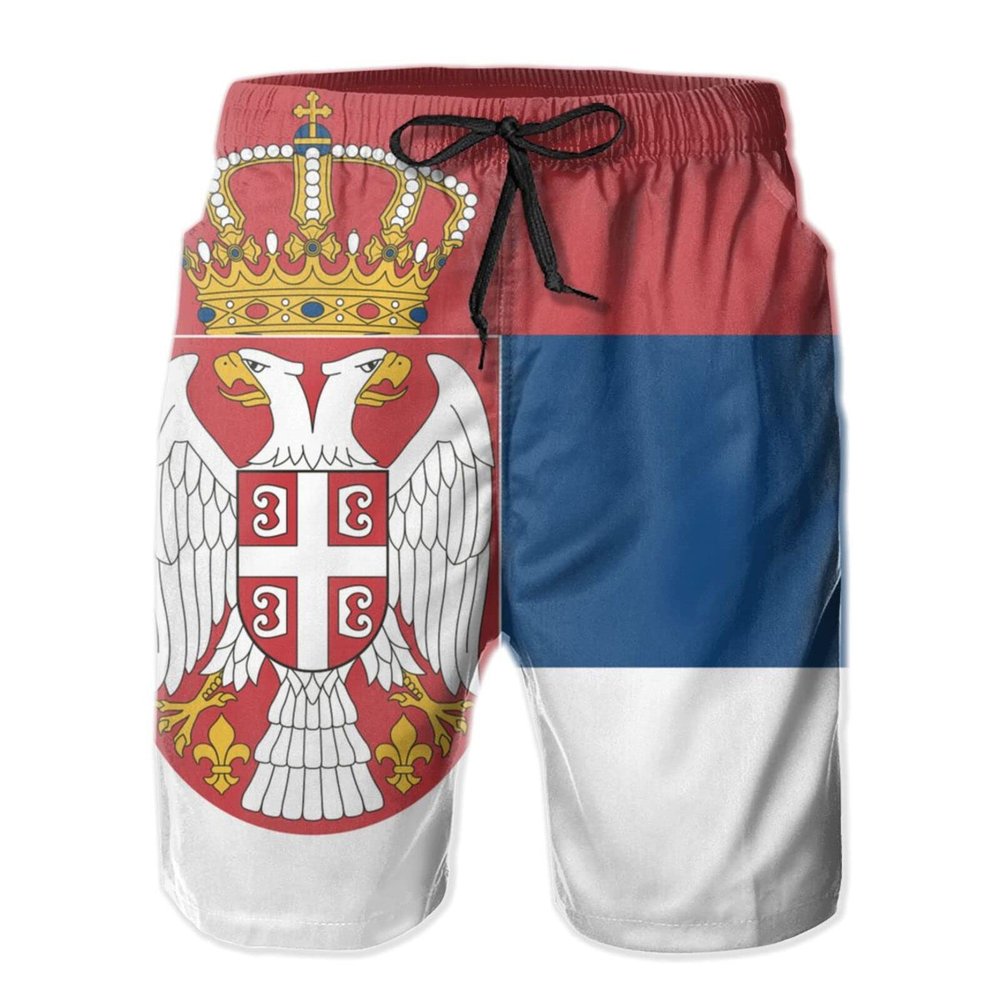 Maikeway Swim Shorts Mens Serbian Flag Drawstring Casual Summer Beach Shorts