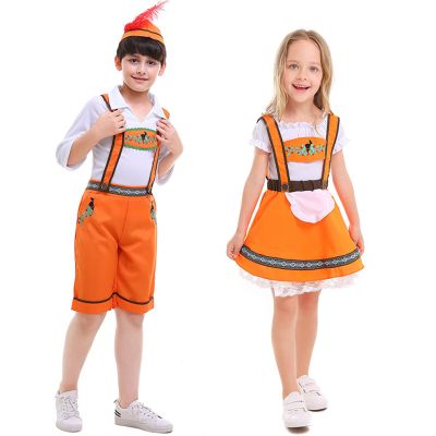 KAGAYD Kids Boys Oktoberfest Costum Embroidery Shirts Shorts Bavarian German Beer Festival Halloween Party Outfits (B-Orange, 12-14 Years)