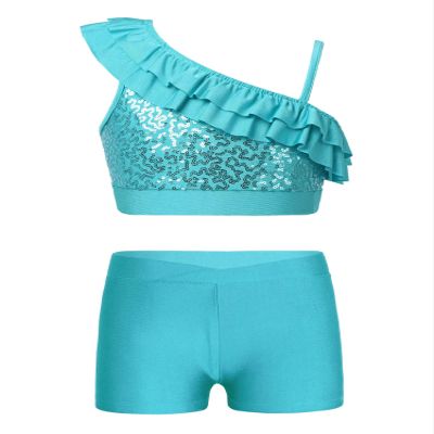 JEATHA Kids Girls Dance Outfits 2-Piece Sequins Crop Top with Athletic Shorts Gymnastics Active Set Dancewear Lake Green 12 Years