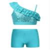 JEATHA Kids Girls Dance Outfits 2-Piece Sequins Crop Top with Athletic Shorts Gymnastics Active Set Dancewear Lake Green 12 Years view 1
