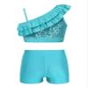 JEATHA Kids Girls Dance Outfits 2-Piece Sequins Crop Top with Athletic Shorts Gymnastics Active Set Dancewear Lake Green 12 Years view 2