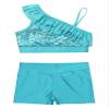 JEATHA Kids Girls Dance Outfits 2-Piece Sequins Crop Top with Athletic Shorts Gymnastics Active Set Dancewear Lake Green 12 Years view 3