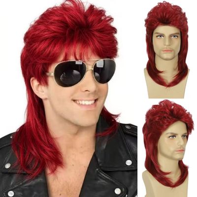 Daiaces Red Mullet Wig for Men 70s 80s Disco Wig Shoulder Length Layered Heat Resistant Synthetic Hair Cosplay Daily Party Halloween