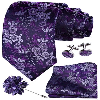 GUSLESON Purple Black Tie for Men Wedding Silk Floral Necktie Pocket Square Cufflinks and Lapel Pin Brooch Set (6107-23)