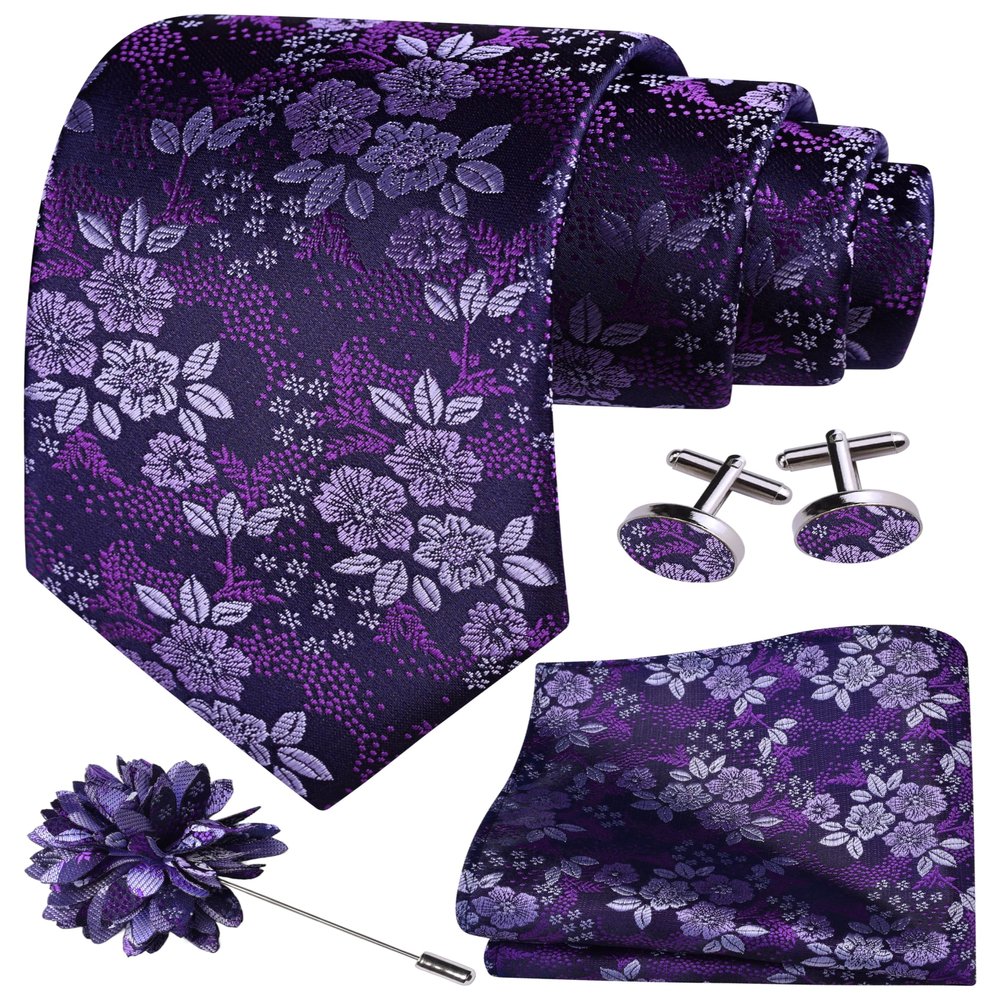 GUSLESON Purple Black Tie for Men Wedding Silk Floral Necktie Pocket Square Cufflinks and Lapel Pin Brooch Set (6107-23)