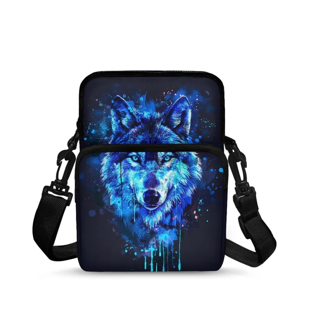 TSOVTHRID Blue Wolf Kids Crossbody Bag, Shoulder Bag Messenger Bag Satchel Bag Sport Armband Wallet Purse for Travel School, Polyester Shoulder Bag with Front Pocket