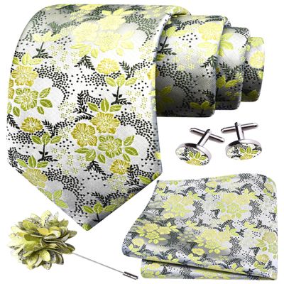 GUSLESON Mens Sage Green Tie for Wedding Silk Floral Necktie Pocket Square Cufflinks and Lapel Pin Brooch Set (6107-27)