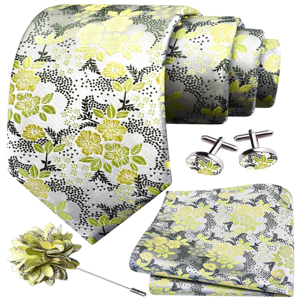 GUSLESON Mens Sage Green Tie for Wedding Silk Floral Necktie Pocket Square Cufflinks and Lapel Pin Brooch Set (6107-27)