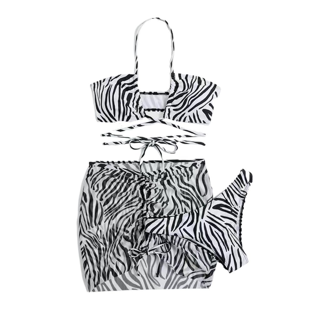 YJKJHAIG Sexy Bikini Set 2024 Swimsuit Women Solid Color Push Up Three-Piece Beach Dress Swimwear(Color:Blackandwhitestripes,Size:Medium)