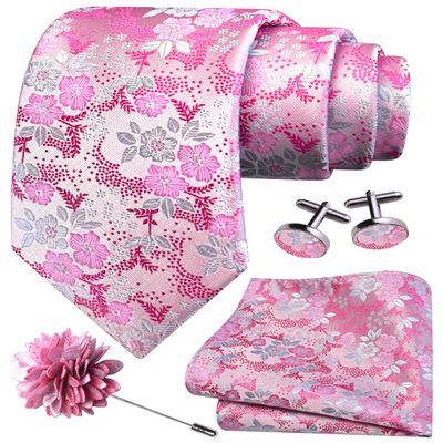 GUSLESON Mens Pink Tie for Wedding Silk Floral Necktie Pocket Square Cufflinks and Lapel Pin Brooch Set (6107-29)