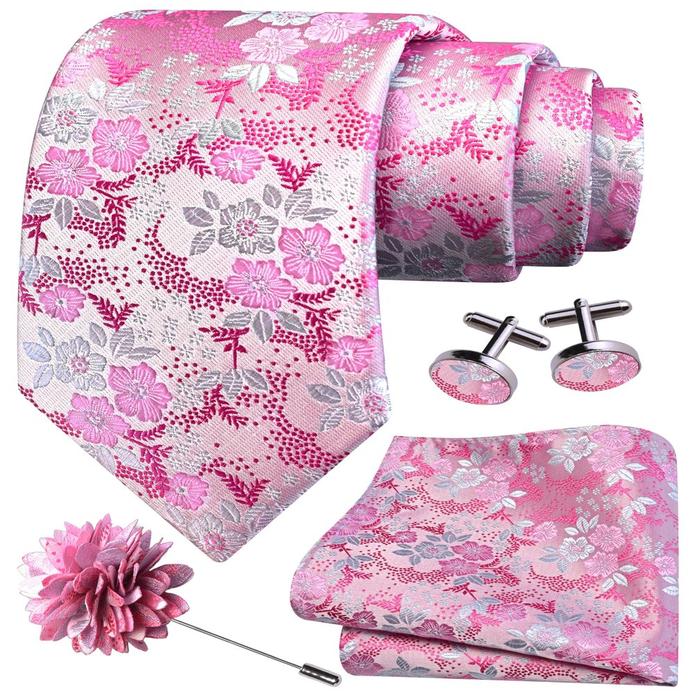 GUSLESON Mens Pink Tie for Wedding Silk Floral Necktie Pocket Square Cufflinks and Lapel Pin Brooch Set (6107-29)