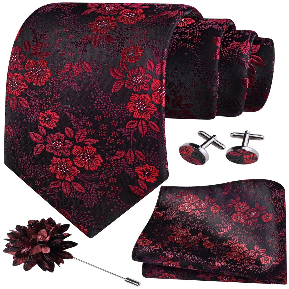 GUSLESON Mens Red Tie Maroon Floral Wedding Silk Necktie Pocket Square Cufflinks and Lapel Pin Brooch Set (6107-10)