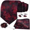 GUSLESON Mens Red Tie Maroon Floral Wedding Silk Necktie Pocket Square Cufflinks and Lapel Pin Brooch Set (6107-10) view 1