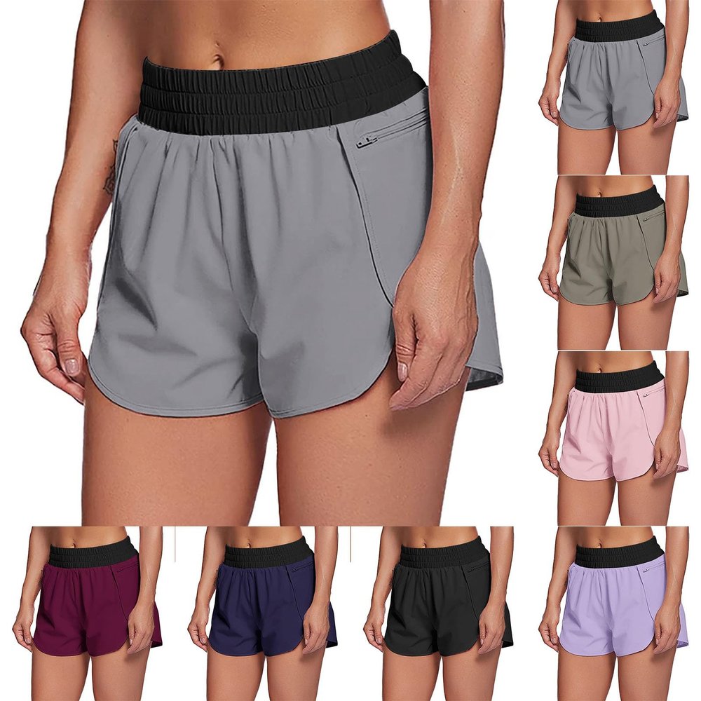 Amaon Today Women's Athletic Running Long Shorts with Liner High Waist Quick Dry Gym Workout Sports Shorts with Zipper Pockets Tummy Control Swim Shorts Grey Smal