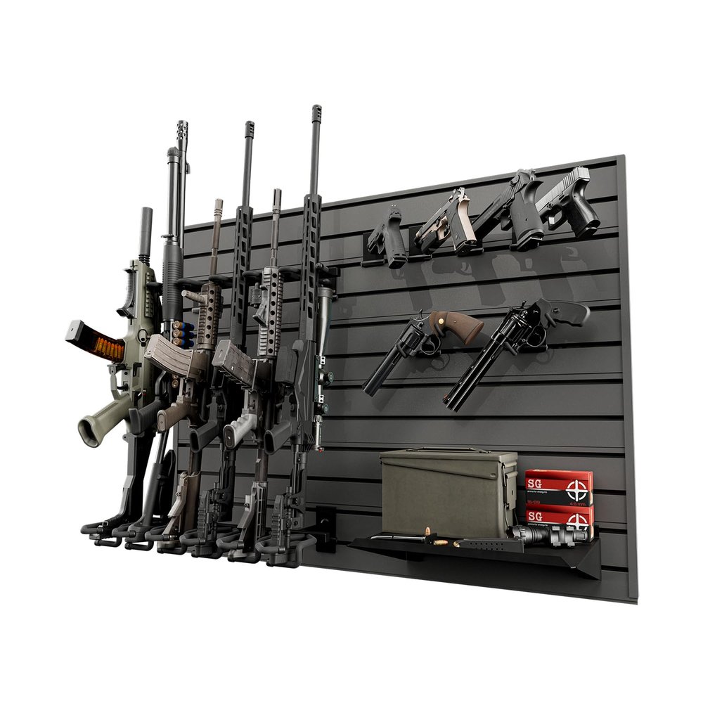Hold Up Displays Gun Wall Mount Display, Modular Tactical Wall for 6 Pistols and 6 Rifles, Police Gear Rack and Equipment Organizer, Heavy-Duty Aluminum Gunmetal Grey Slatwall Gun Storage System