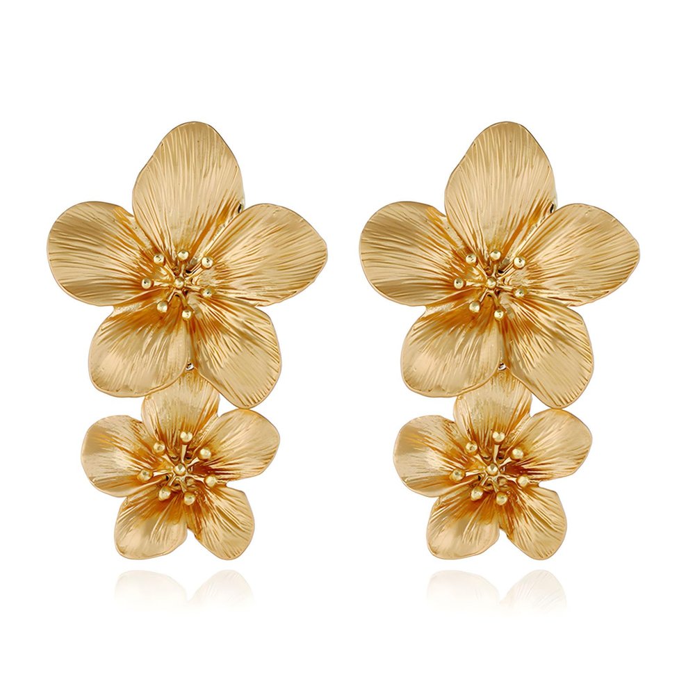 14K Gold Plated Flower Earrings for Women Large Flower Earring Flowers Statement Stud Earrings Chunky Floral Earrings Jewelry(Double flower)