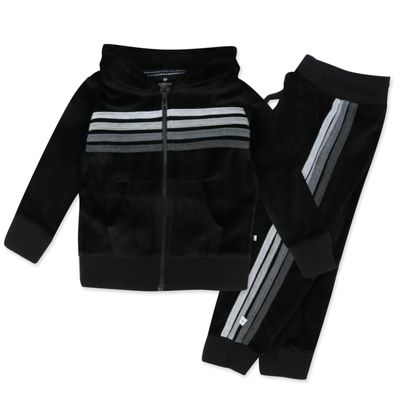 HonestBaby Velour Pullover Hoodie and Zip Front Sweatshirt and Jogger Sweatpants Set Baby, Toddler, Boys, Girls, Unisex, Black with Stripe, Newborn