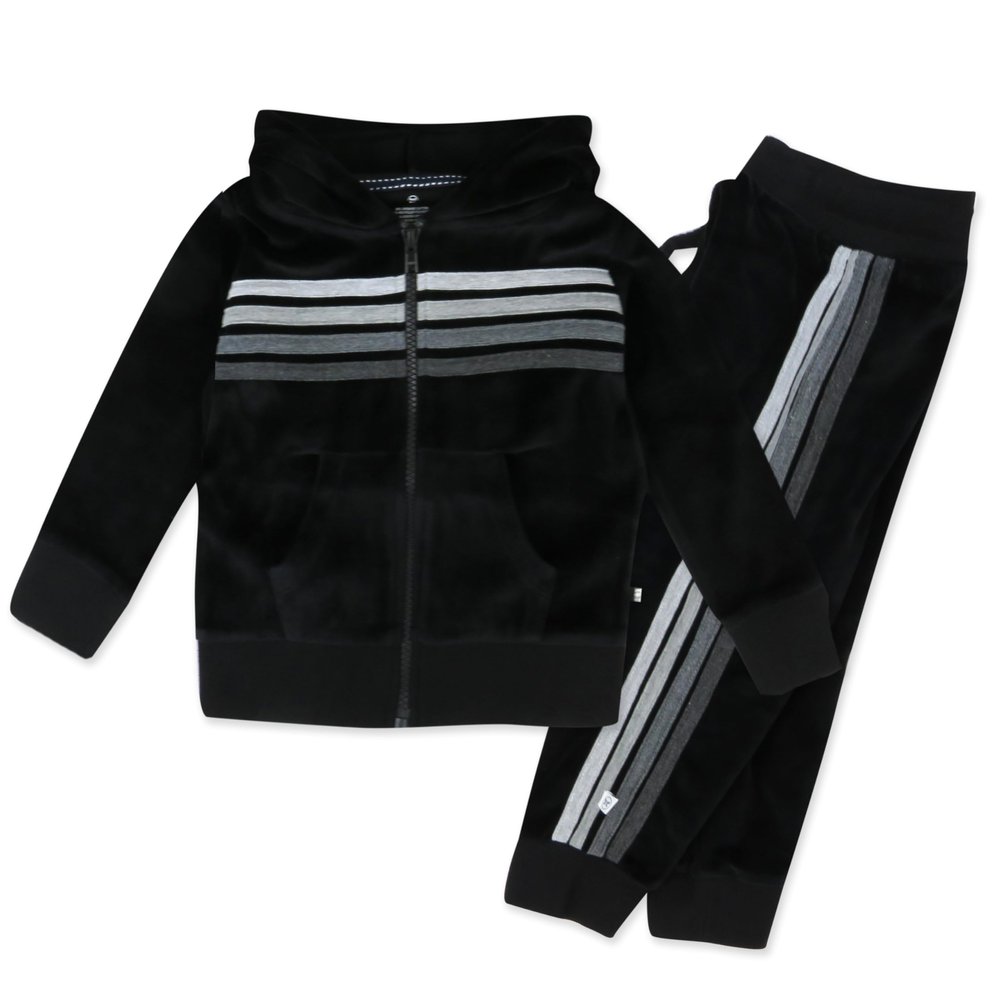 HonestBaby Velour Pullover Hoodie and Zip Front Sweatshirt and Jogger Sweatpants Set Baby, Toddler, Boys, Girls, Unisex, Black with Stripe, Newborn