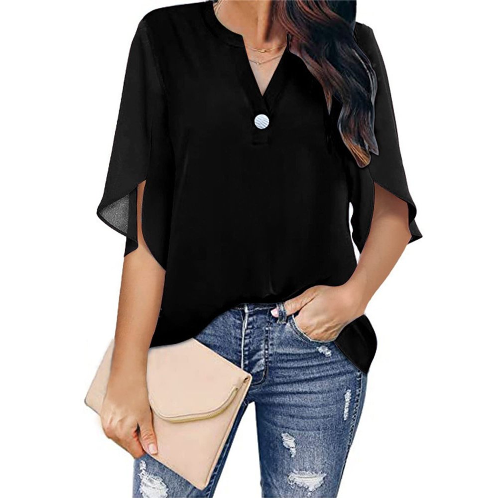 NineFit Basics Women's 3/4 Sleeve V Neck Chiffon Blouse Tops Casual Printed Smocked T-Shirts Loose Fit Short Sleeve Dressy Tunic Shirts (Medium,Black)